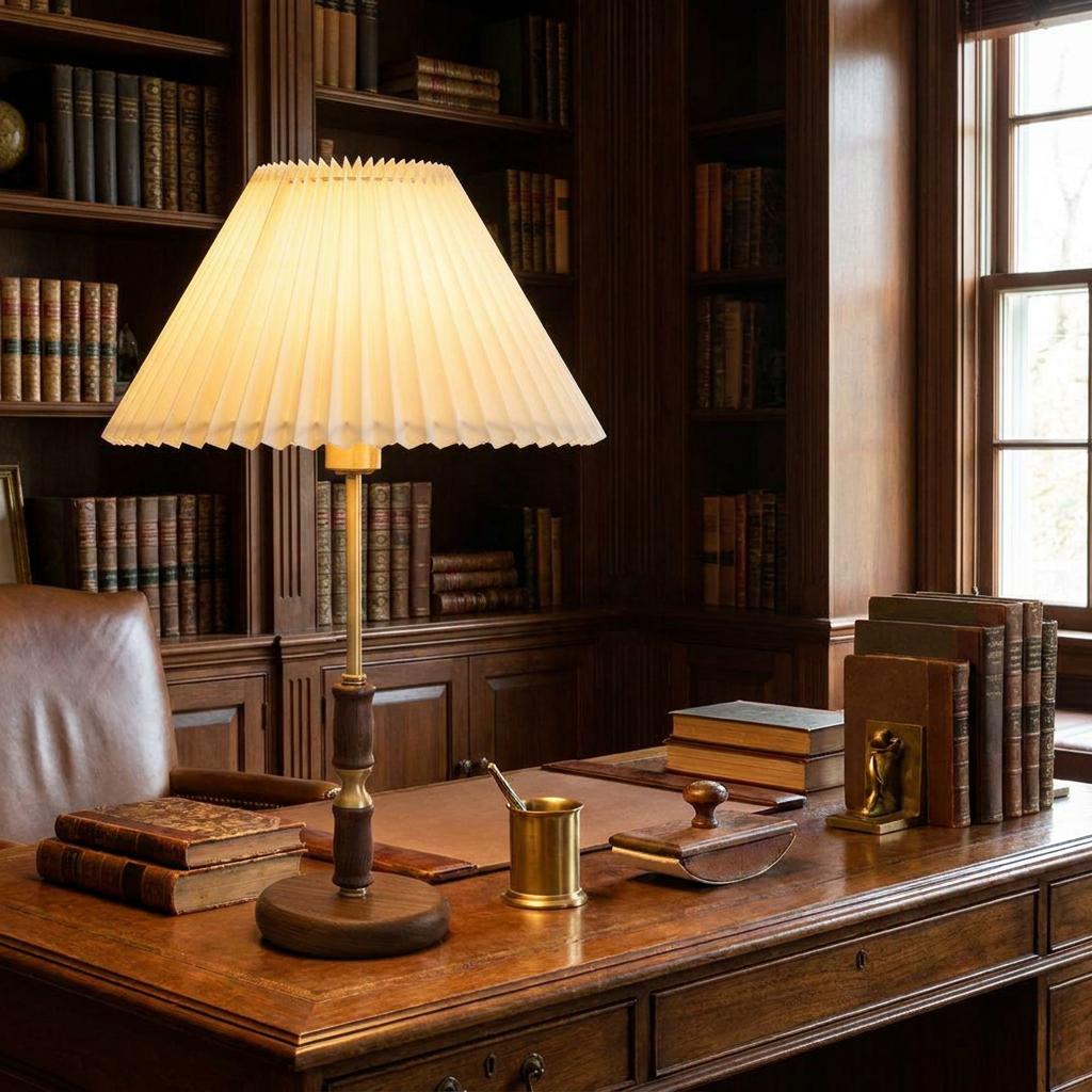 Elodie table lamp on a writing desk in a home office with bookshelves