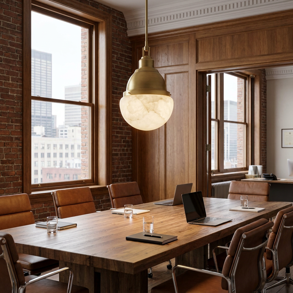 Gisele brass pendant light over a long conference table in a downtown office