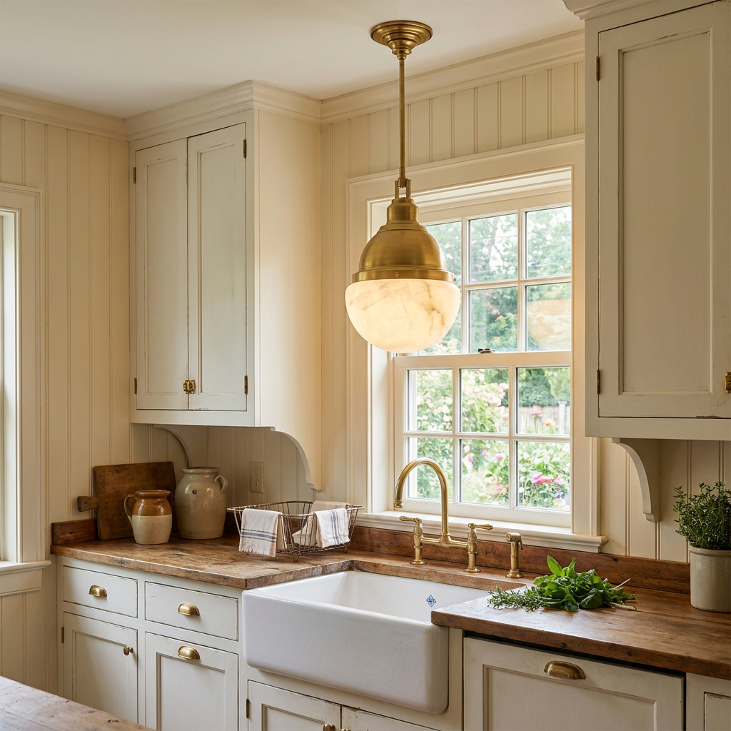 Gisele brass pendant light over a farmhouse sink in a cottage kitchen