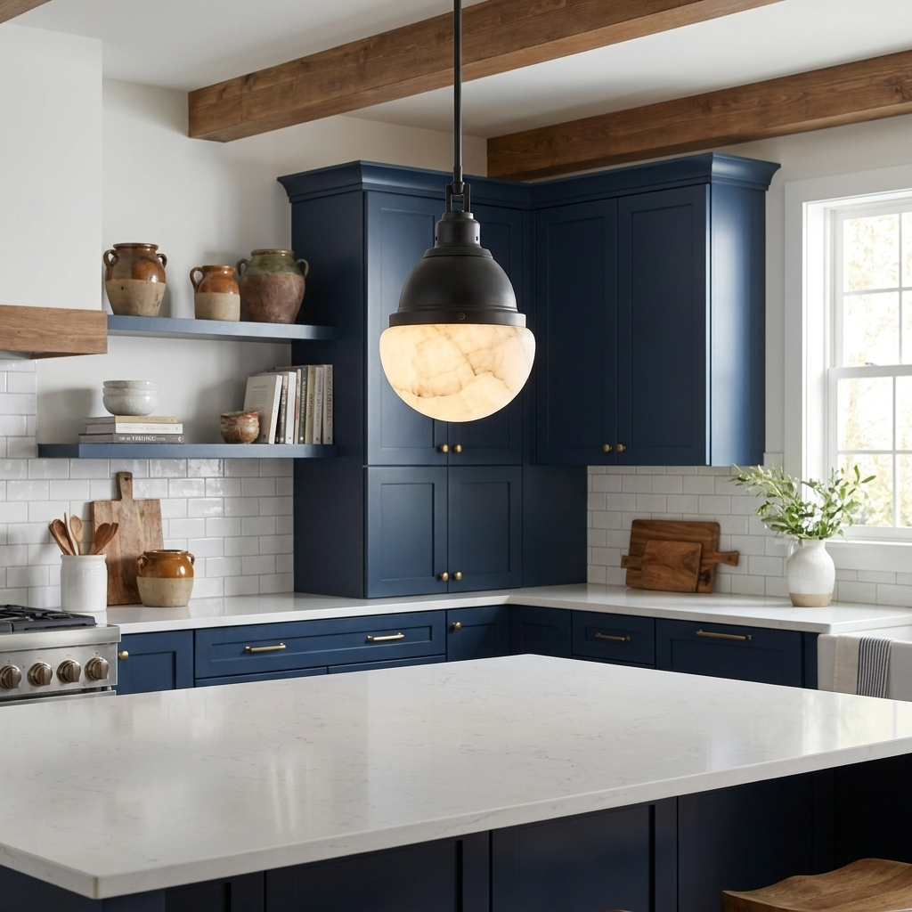 Gisele black pendant light over a white quartz kitchen island in a modern farmhouse with navy cabinets