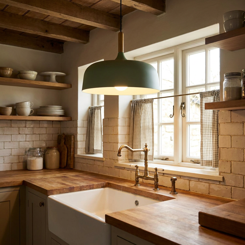 Noisette green pendant light over a farmhouse sink in a cottage kitchen