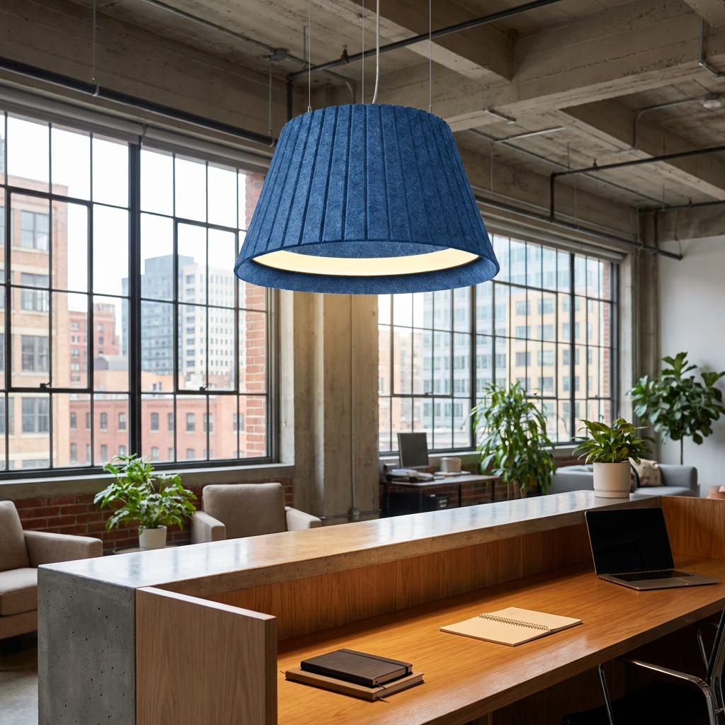 Calma blue pendant light over the reception desk of a creative office with city buildings outside