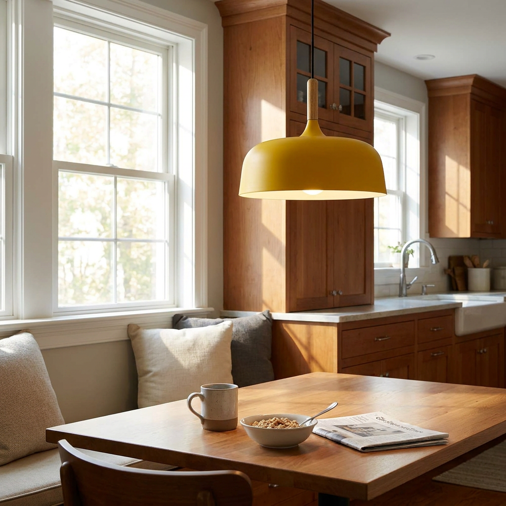Noisette yellow pendant light above a breakfast nook in a sunlit suburban kitchen
