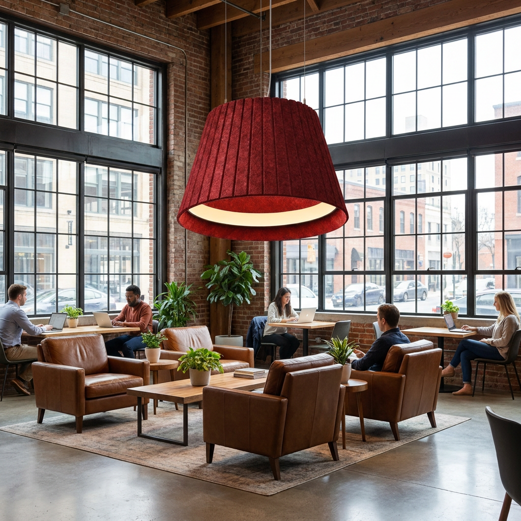 Calma red pendant light in a coworking space lounge with large windows