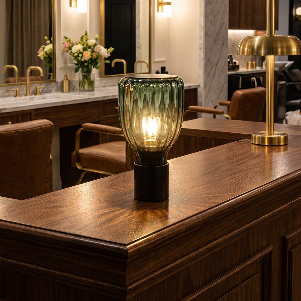 Verra green table lamp on the reception counter of an upscale salon