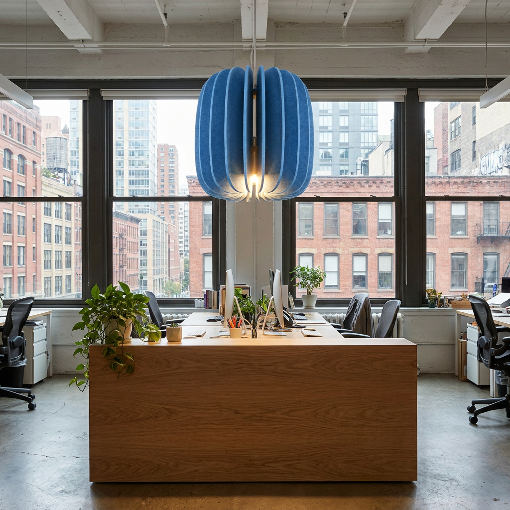Lamelle oval sky blue pendant light over the reception desk of a creative office with city buildings outside
