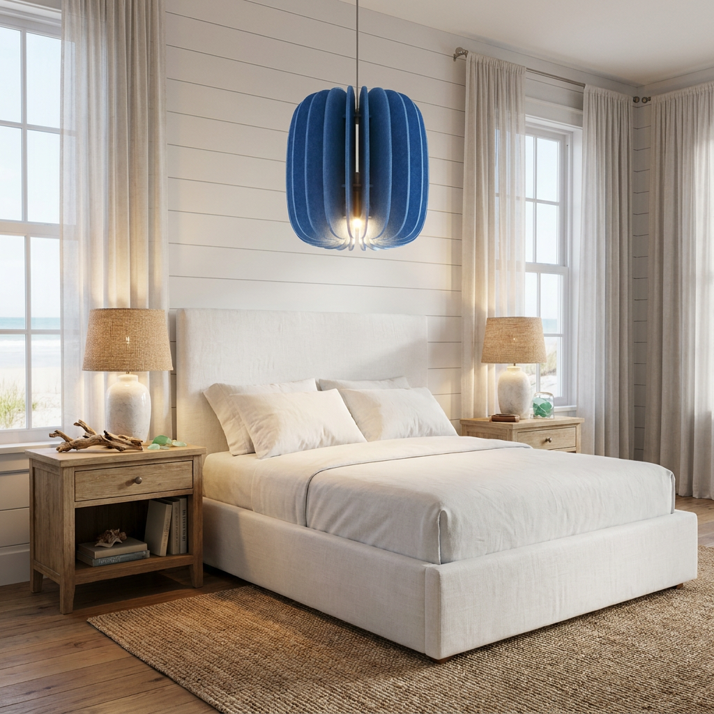 Lamelle oval sky blue pendant light above bedside nightstands in a coastal bedroom