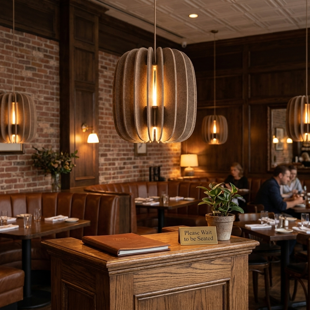 Lamelle oval brown pendant light over the host stand of an upscale bistro
