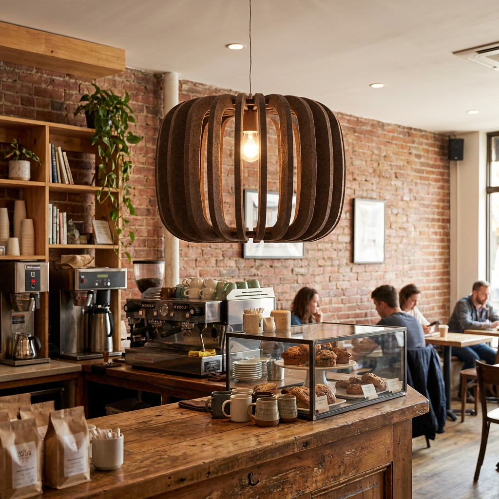 Lamelle round brown pendant light above the counter of a neighborhood coffee shop