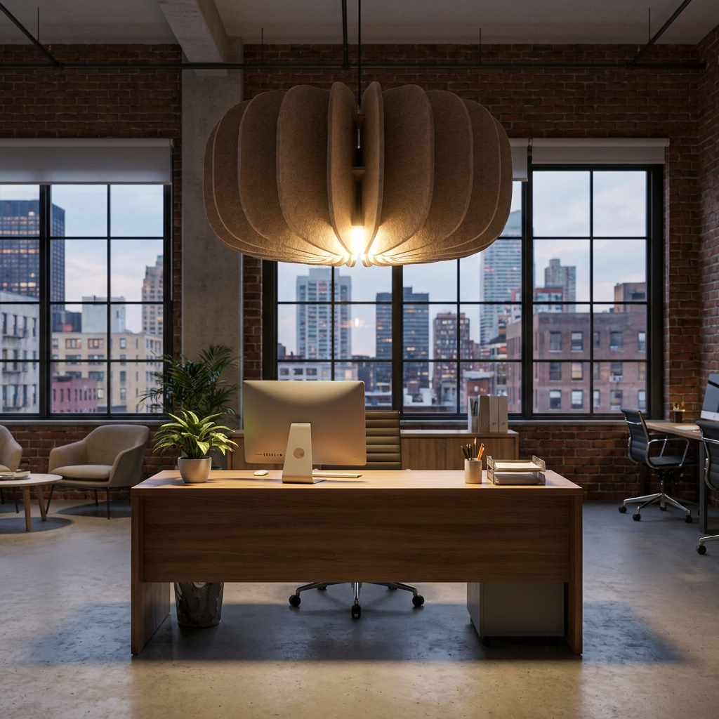 Lamelle disc brown pendant light over the reception desk of a creative office with city buildings outside