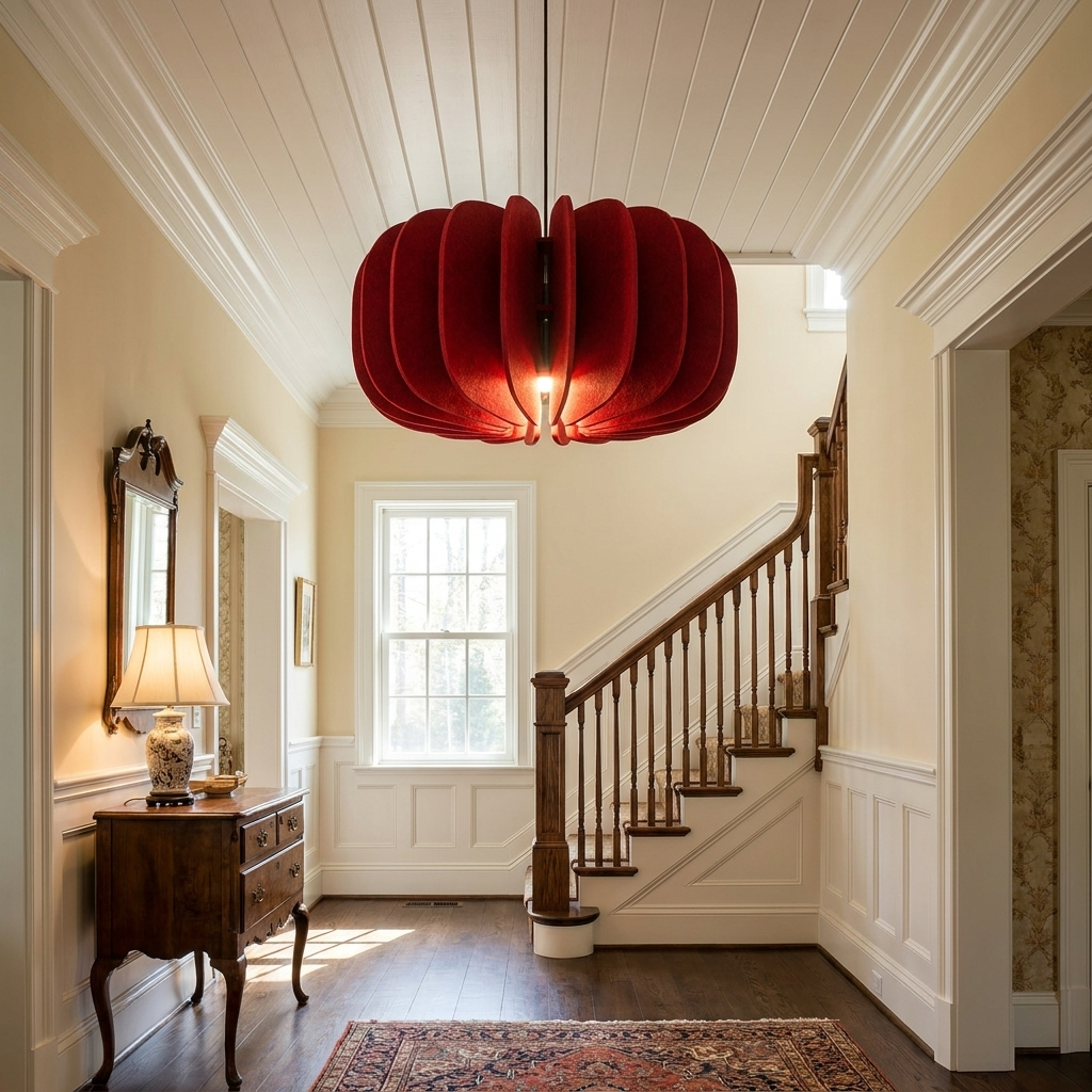 Lamelle disc red pendant light in the entry foyer of a colonial style home
