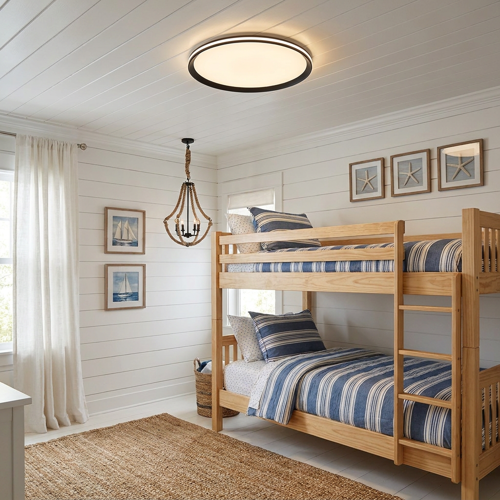 Clio black ceiling light in a coastal style kids bedroom