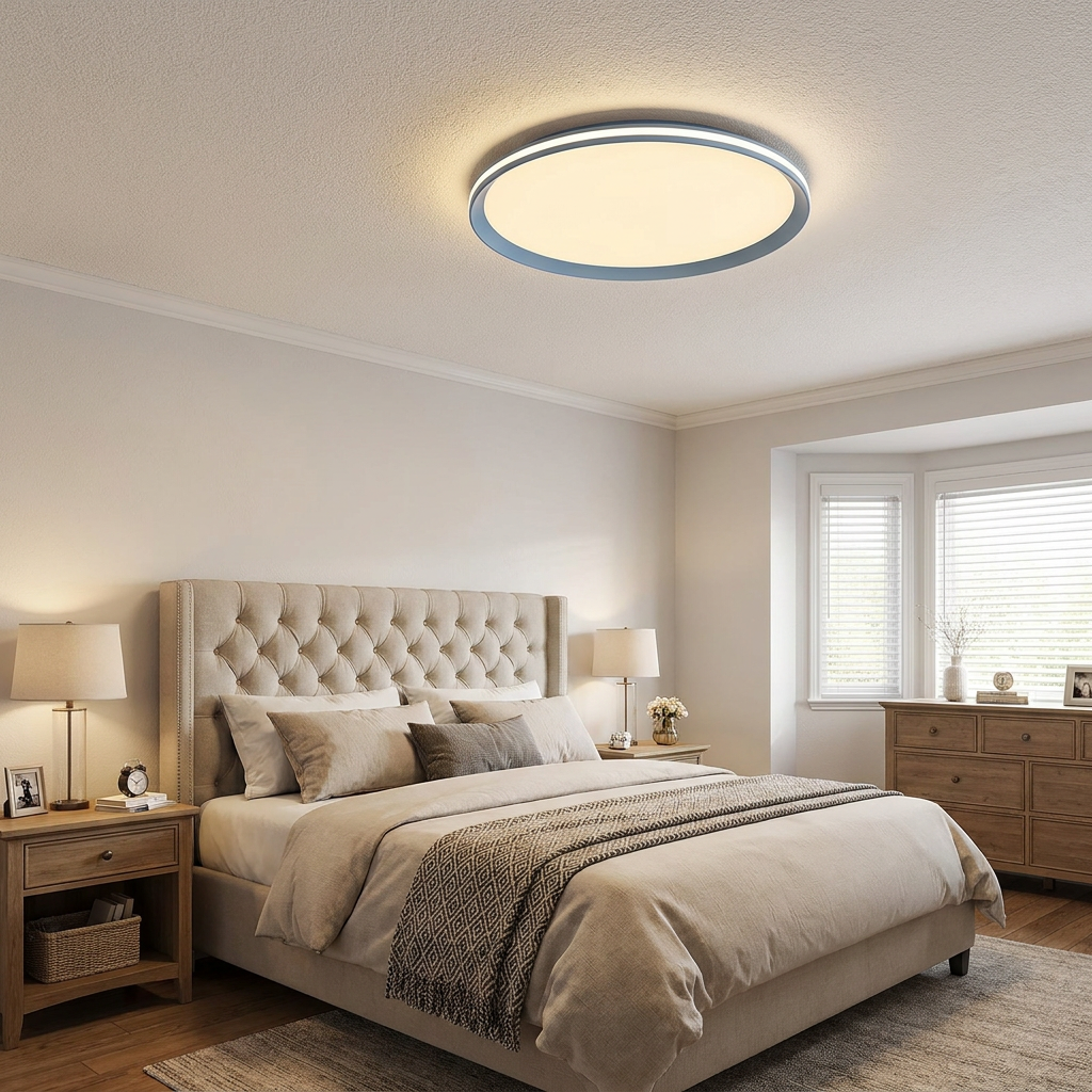 Clio blue ceiling light in the primary bedroom of a suburban home with a tufted bed