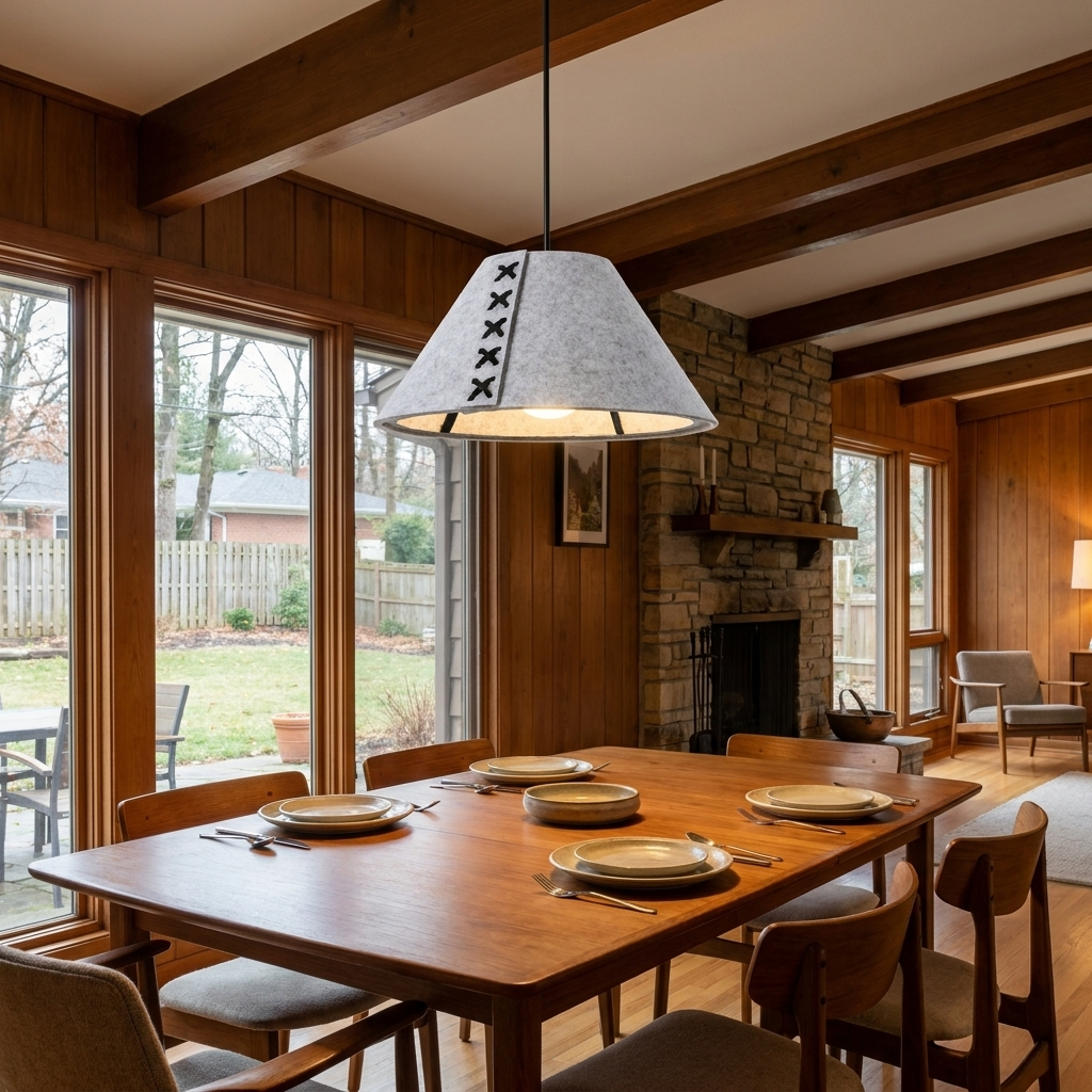 Feliciane light gray pendant light above the dining table of a mid-century ranch home