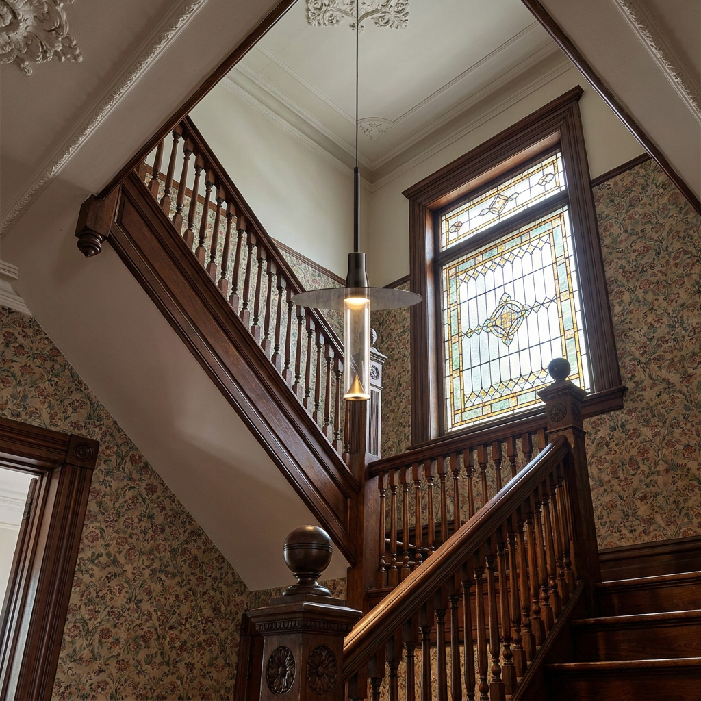 Capeline brim disc pendant light in the stairwell of a Victorian style home
