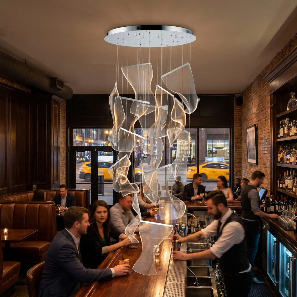 Cirrane 12 heads silver chandelier above the bar of a downtown Chicago cocktail lounge