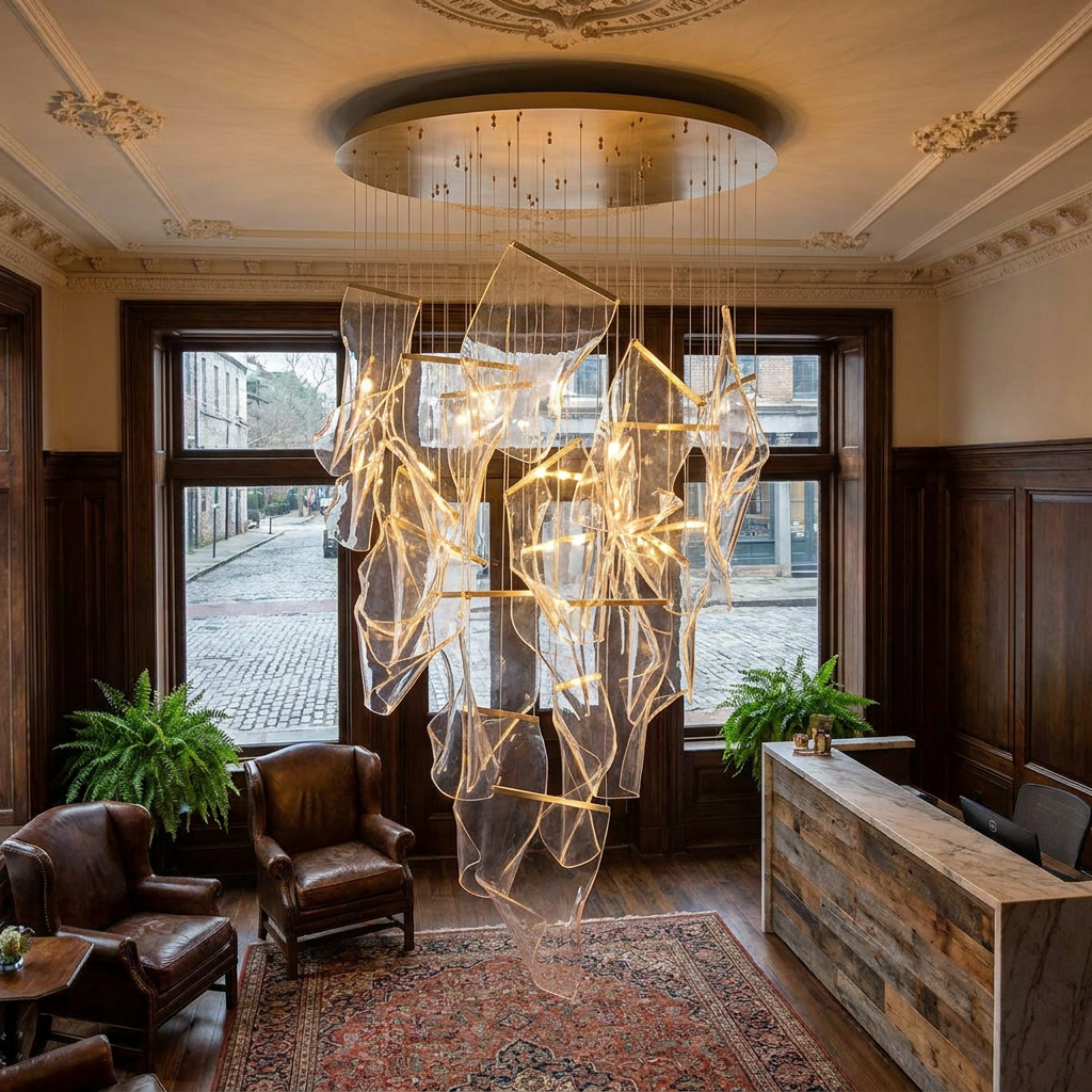 Cirrane 18 heads gold chandelier in the lobby of a boutique hotel in Savannah