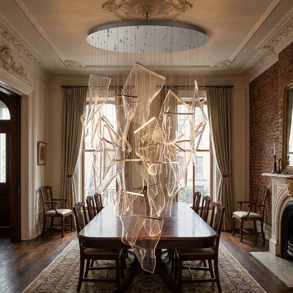 Cirrane 18 heads silver chandelier above a dining table in a Brooklyn brownstone parlor