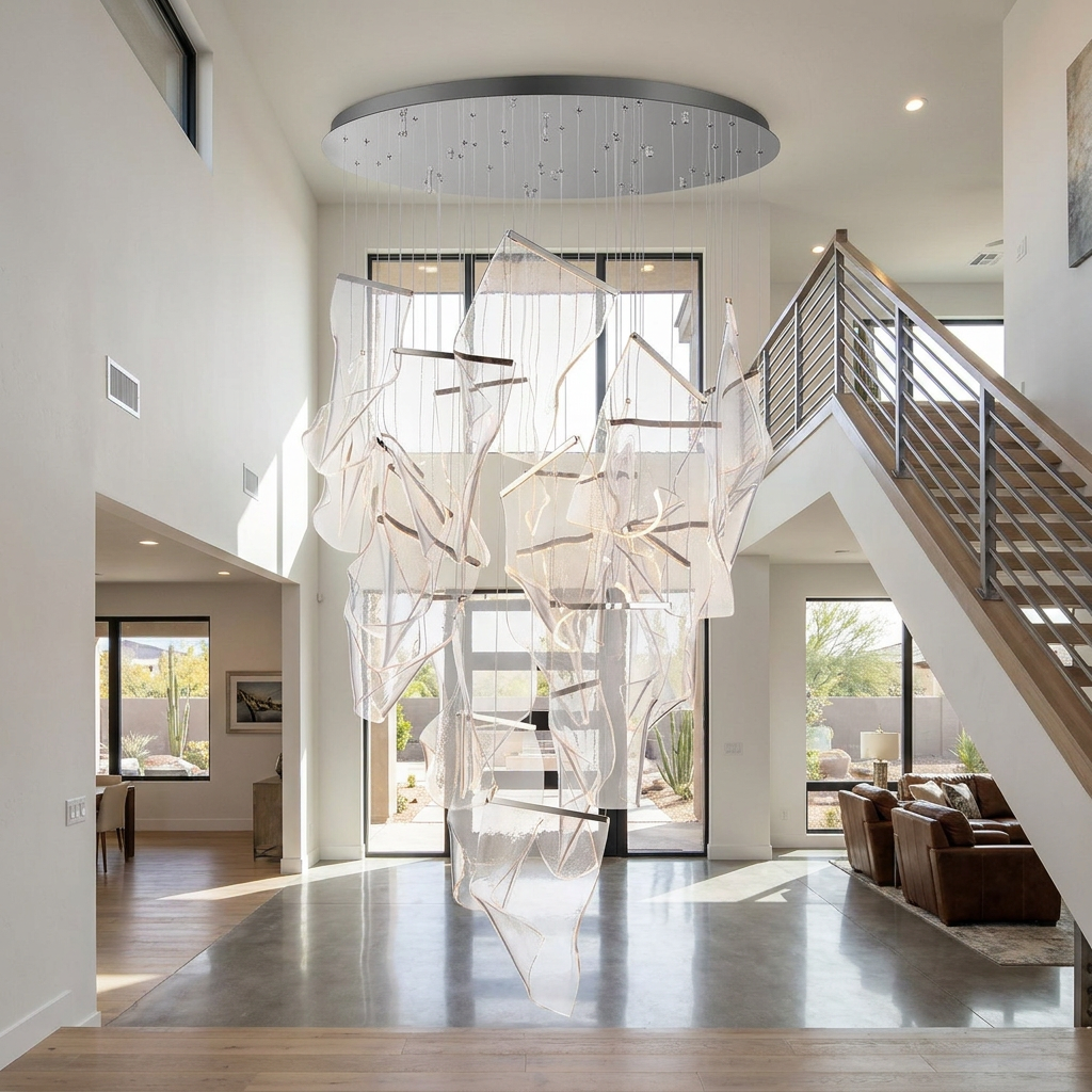 Cirrane 18 heads silver chandelier in the two story entry of a new build home in Arizona