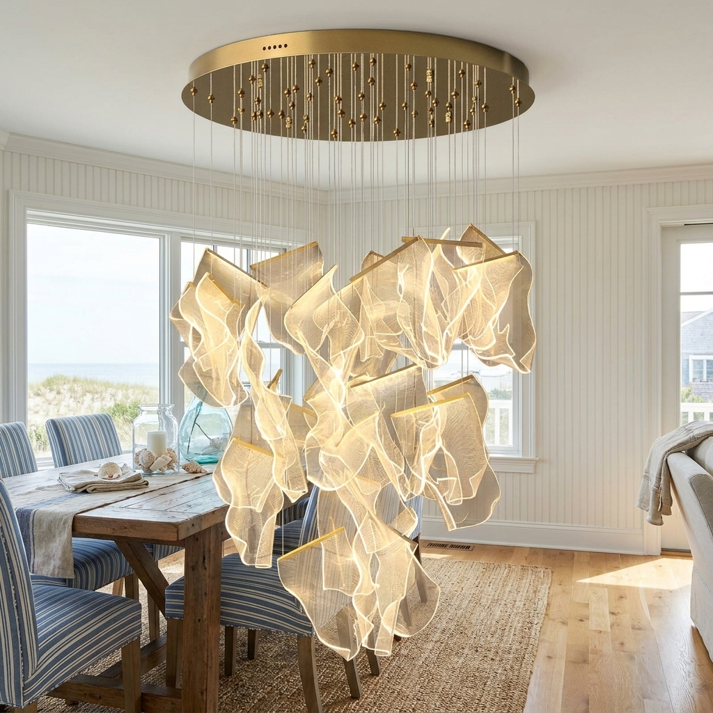 Cirrane 28 heads gold chandelier in the dining room of a Cape Cod beach house
