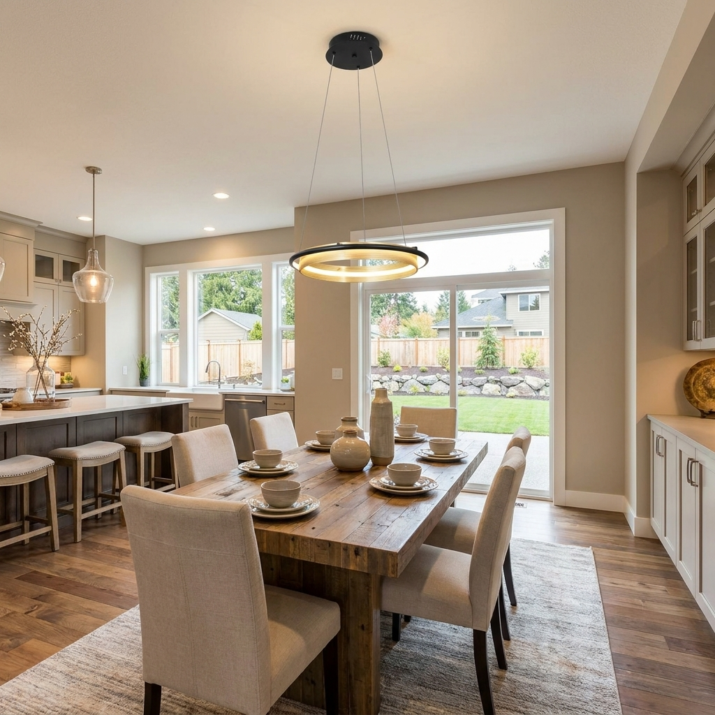 Orbita single ring 15.7 inch chandelier above a dining table in an open plan transitional suburban home