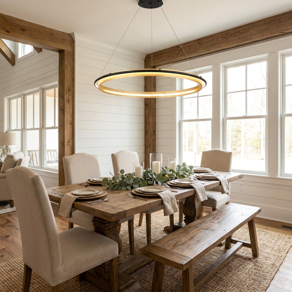Orbita single ring 23.6 inch chandelier over a long dining table in a modern farmhouse