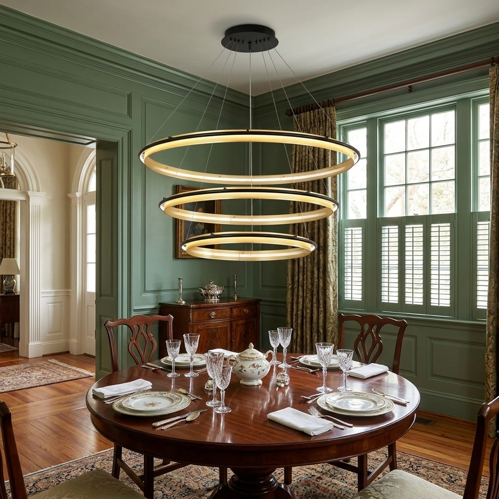 Orbita 3 tier small chandelier over a round pedestal table in a Charleston single house dining room