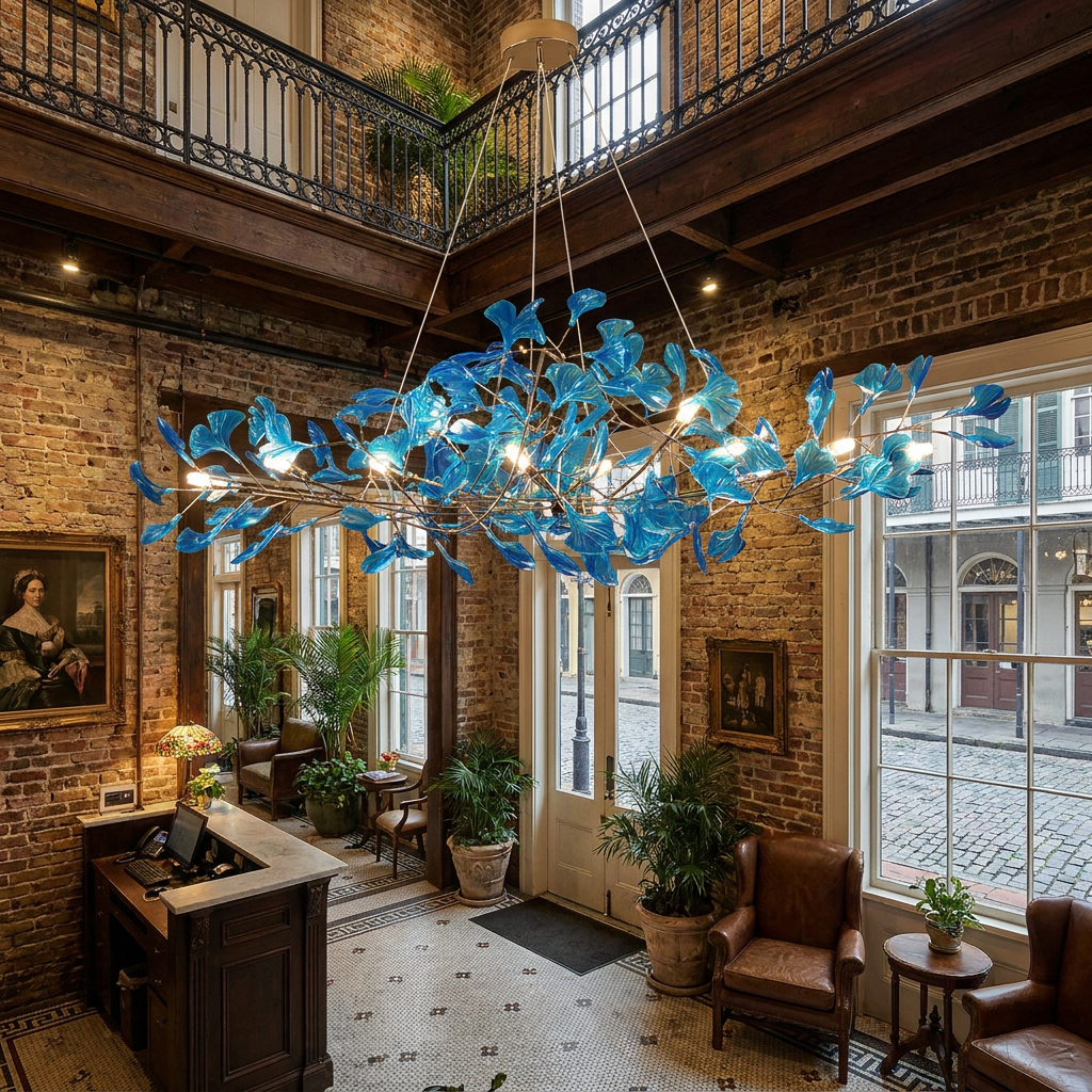 Ginevra royal blue chandelier in the lobby of a boutique hotel in New Orleans French Quarter