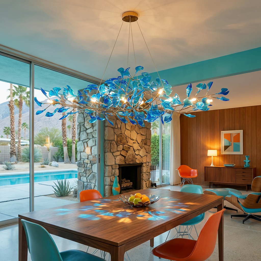 Ginevra royal blue chandelier over a dining table in a Palm Springs mid-century modern house