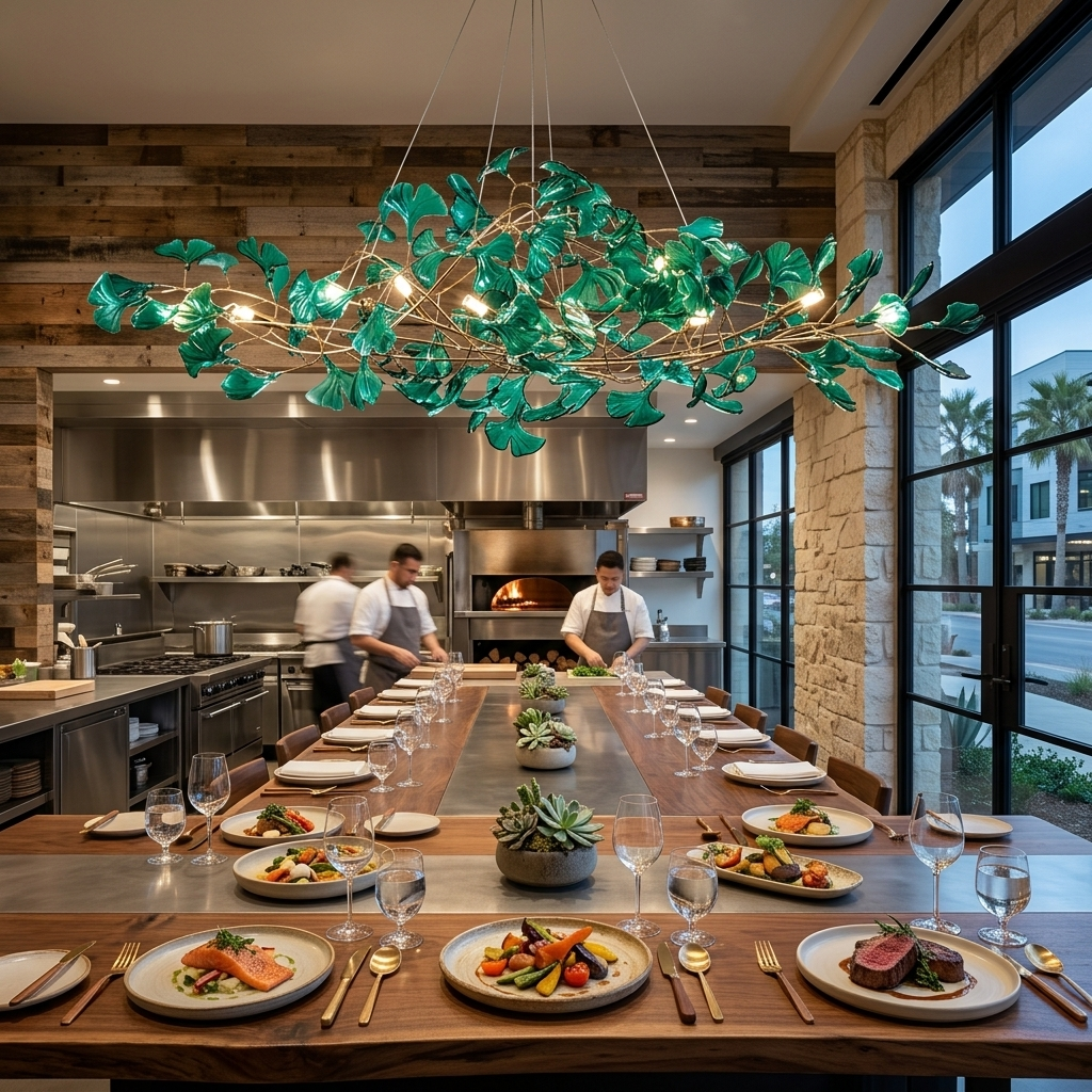 Ginevra dark green chandelier above the chef table of an upscale restaurant in Austin