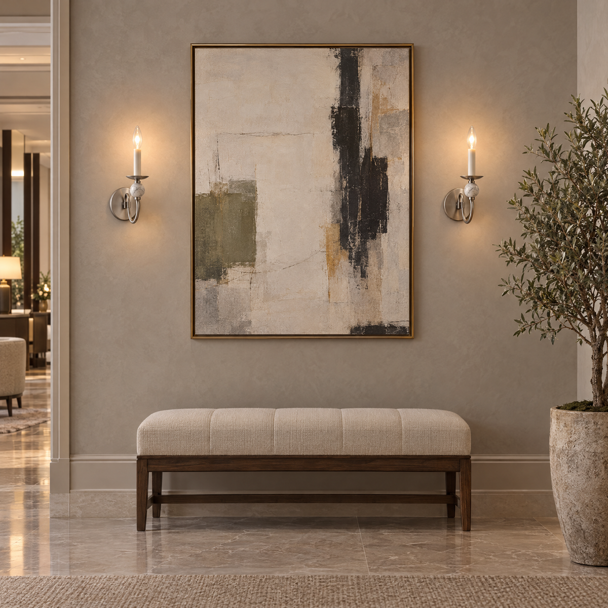 Brisa marble ball wall sconce in Brushed Nickel in a boutique hotel lobby
