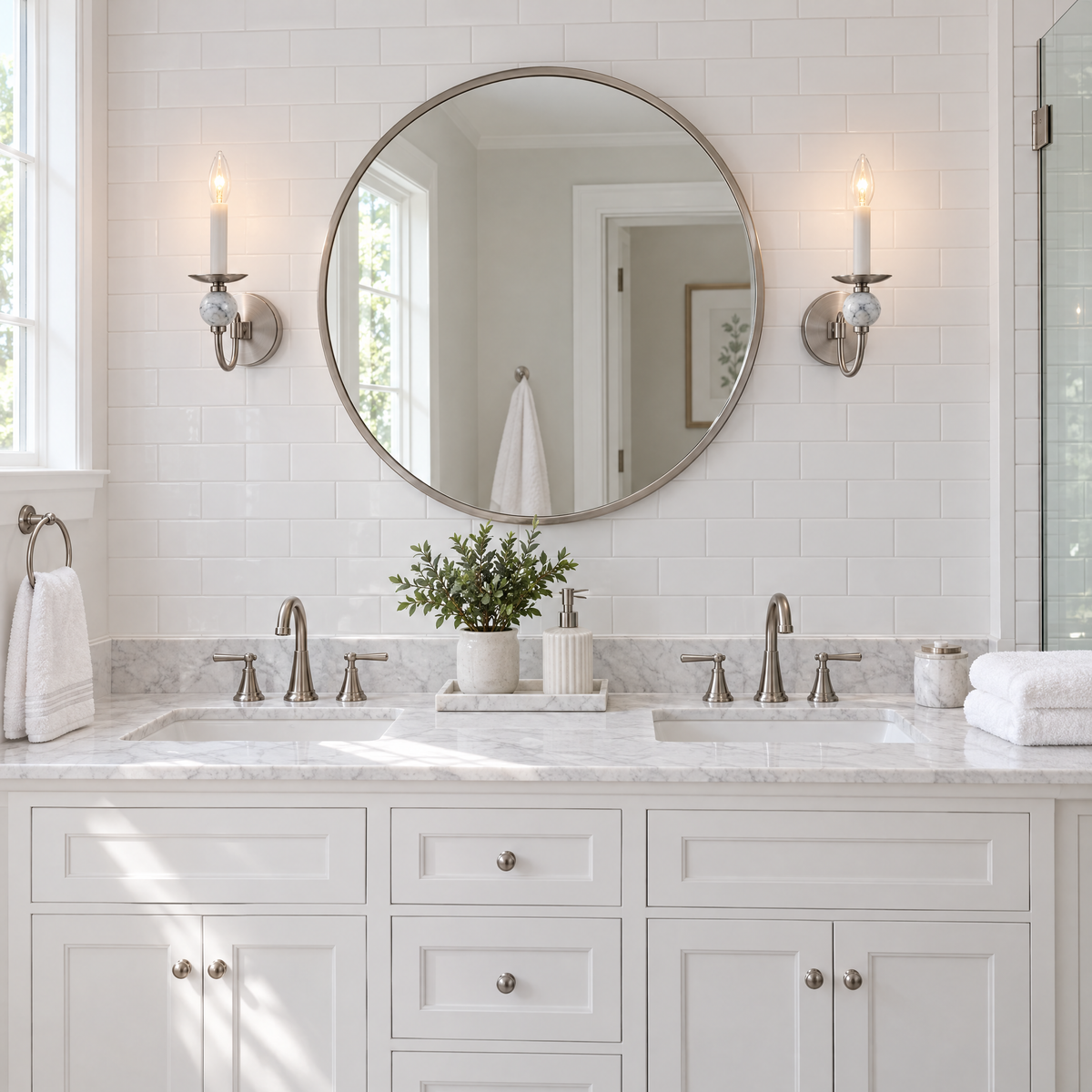 Brisa marble ball wall sconce in Brushed Nickel flanking a bathroom vanity mirror