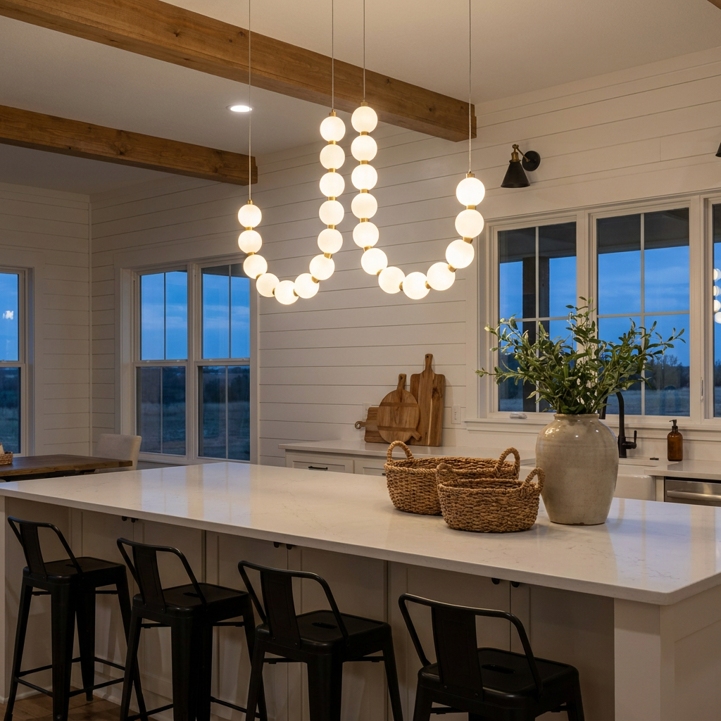 Nacre pearl chandelier over a kitchen island in a modern farmhouse