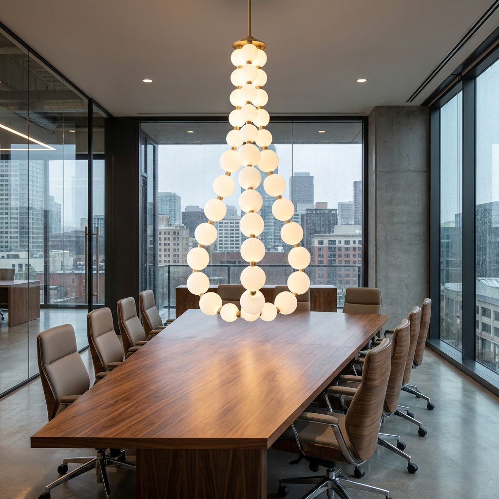 Nacre teardrop shaped pearl chandelier in a corporate conference room