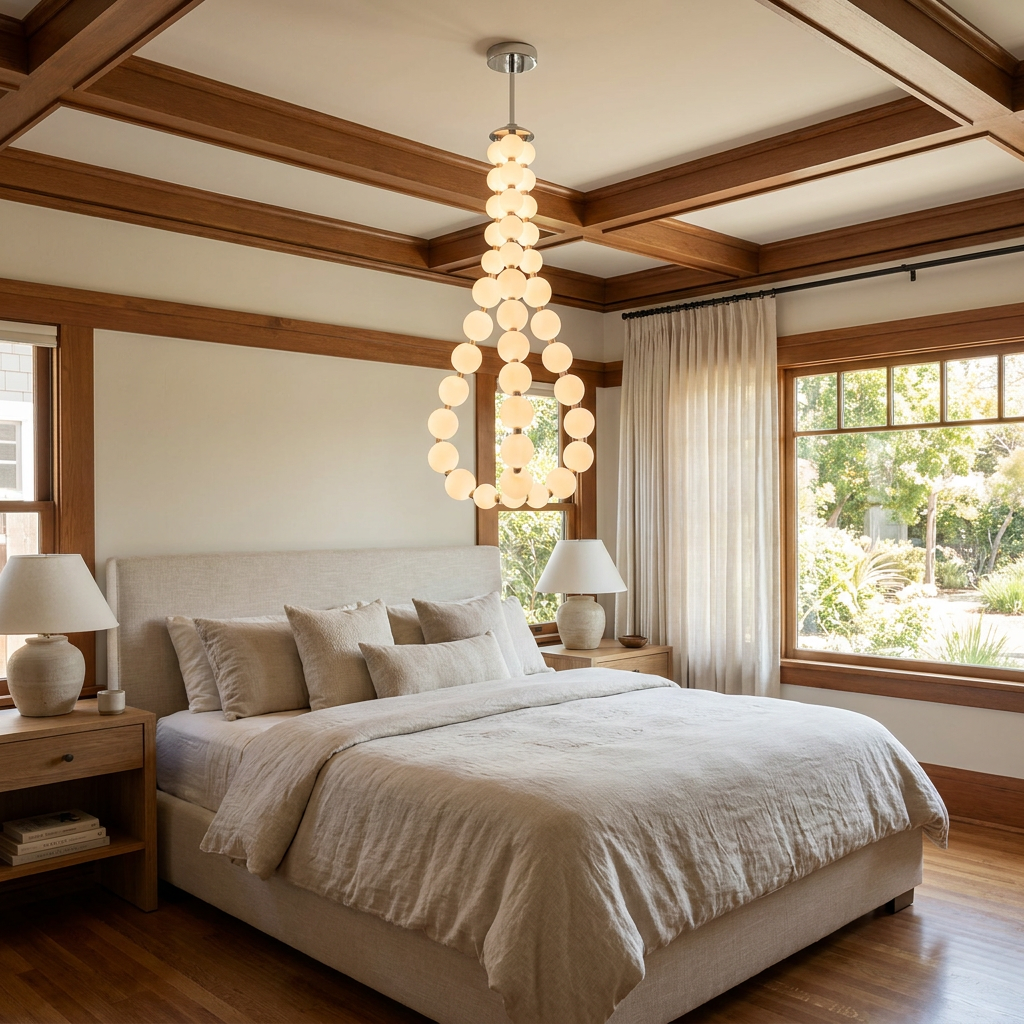 Nacre teardrop shaped pearl chandelier in a primary bedroom of a craftsman home