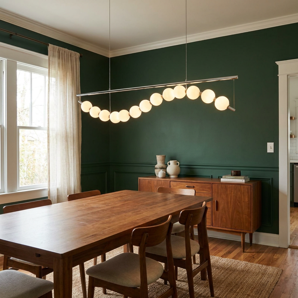 Nacre linear wave pearl chandelier over a dining table in a Nashville bungalow