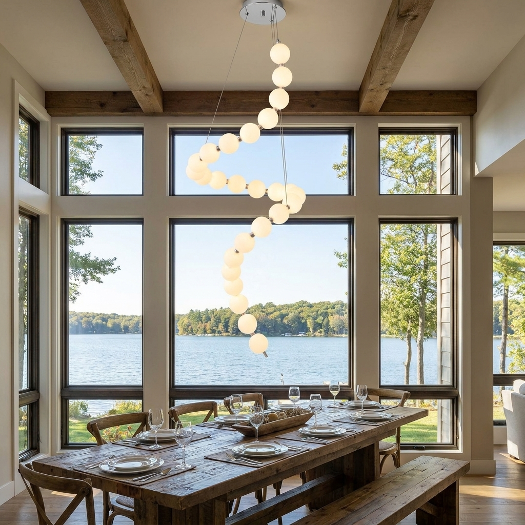 Nacre tall spiral pearl chandelier over a dining table in a lake house