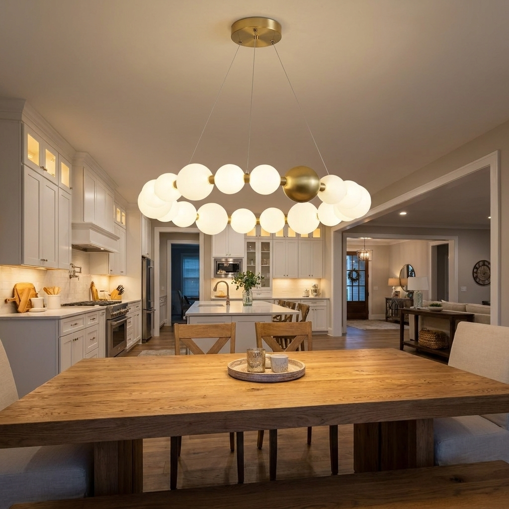 Coralyn round ring LED chandelier over the dining table in a suburban family home