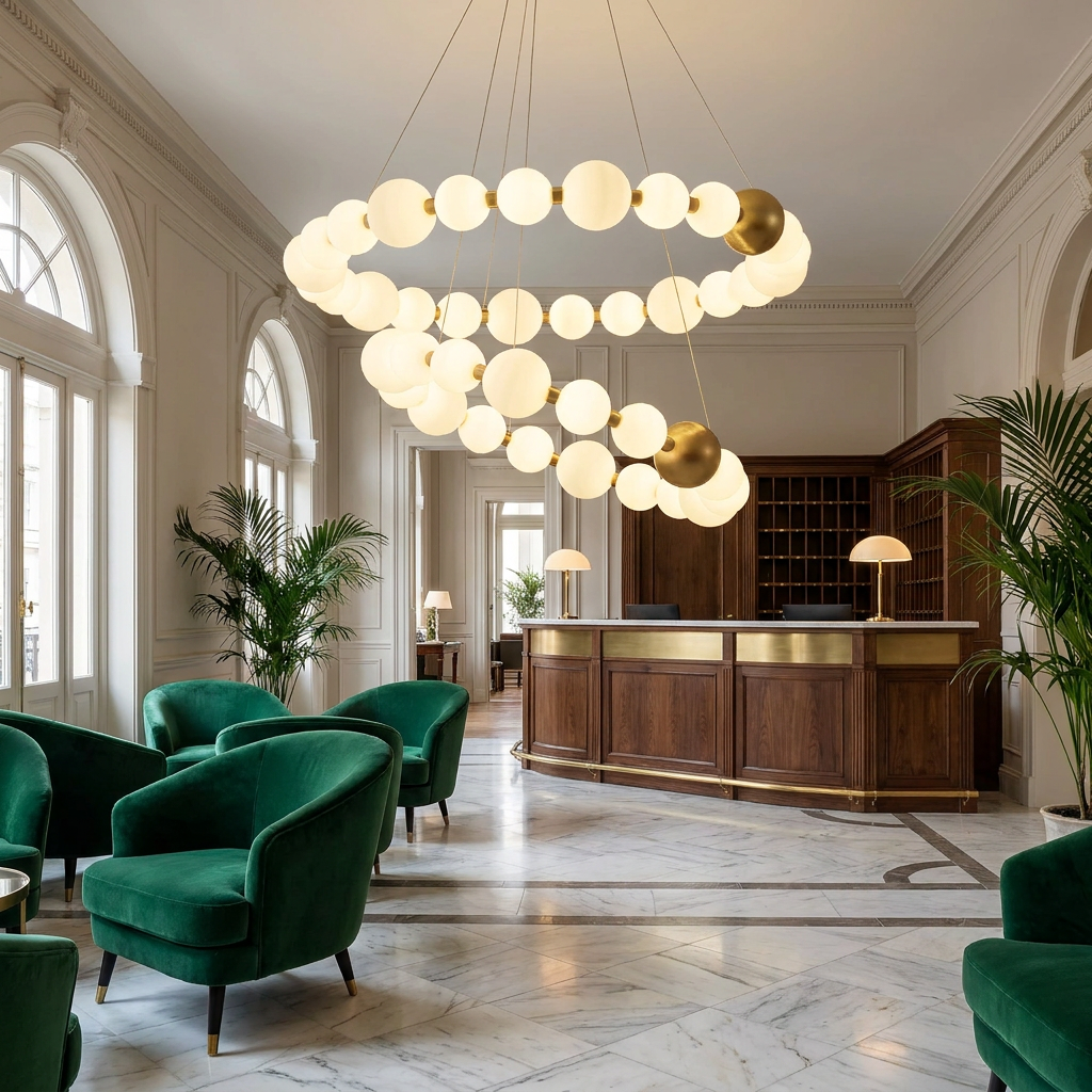 Coralyn two tier ring LED chandelier in a boutique hotel lobby