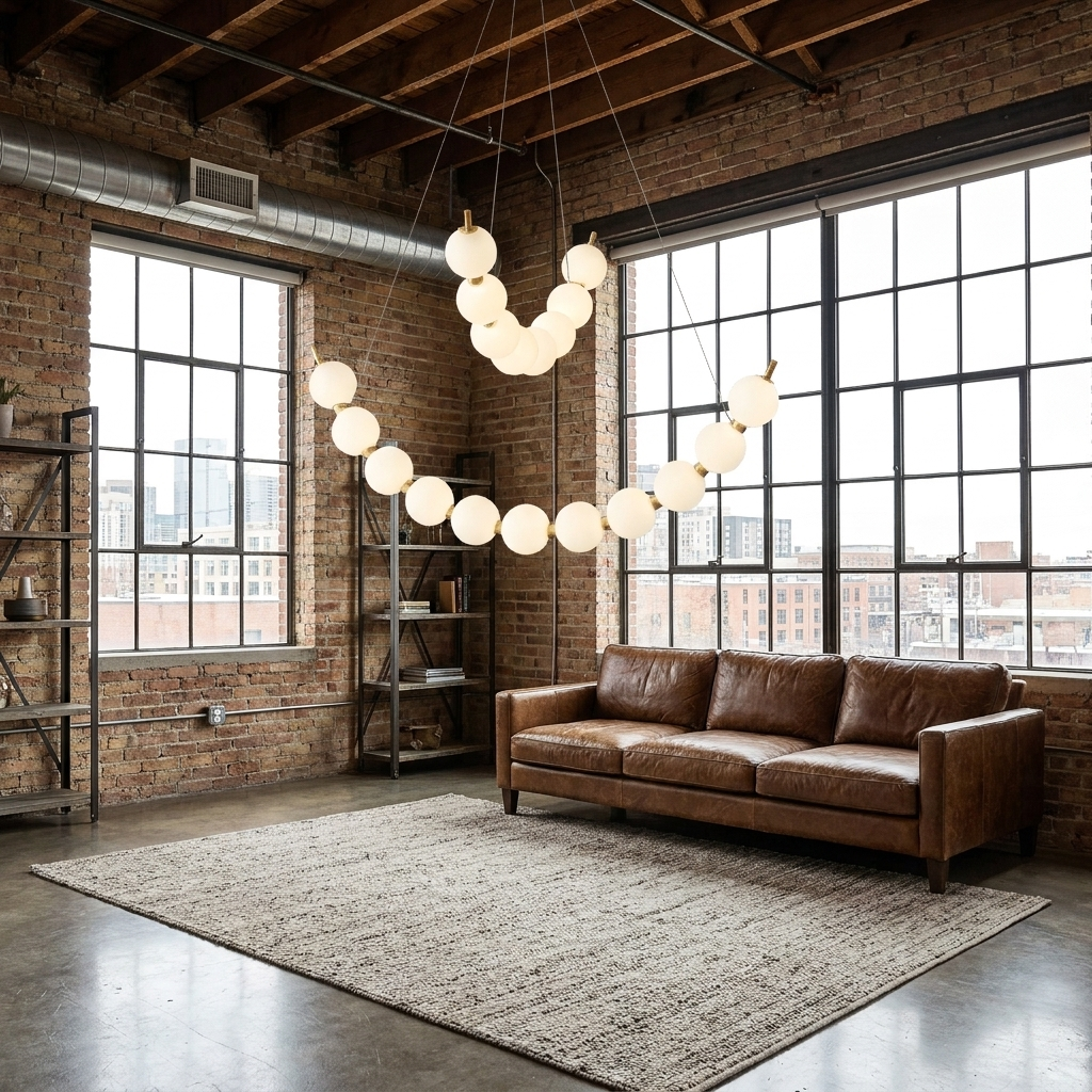 Coralyn stacked two ring LED chandelier in a Denver loft living room
