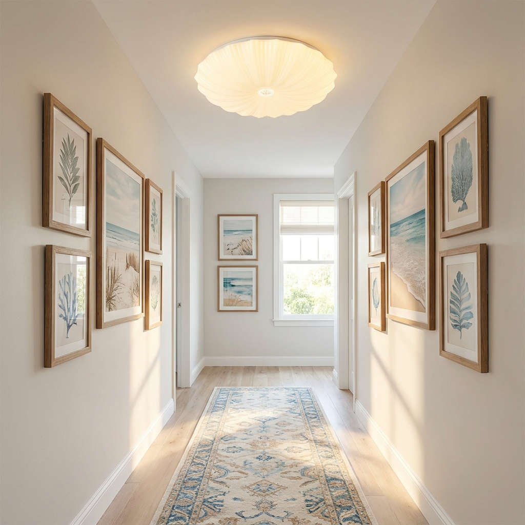 Conque white acrylic scalloped shell shaped round LED flush mount ceiling light in a hallway