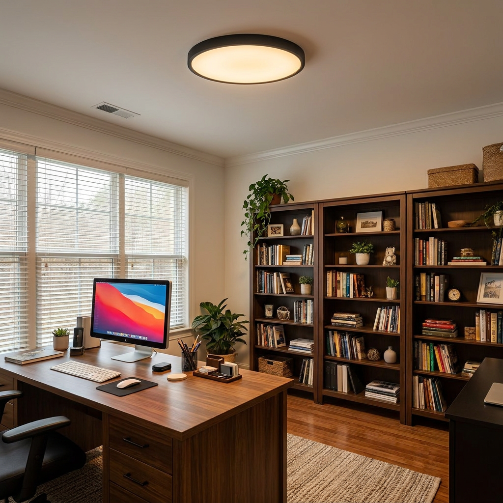 Lamina ultra thin round LED flush mount ceiling light in a home office