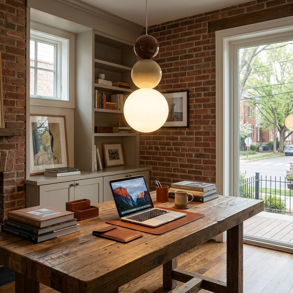 Trilla three ball acrylic pendant light over a home office desk