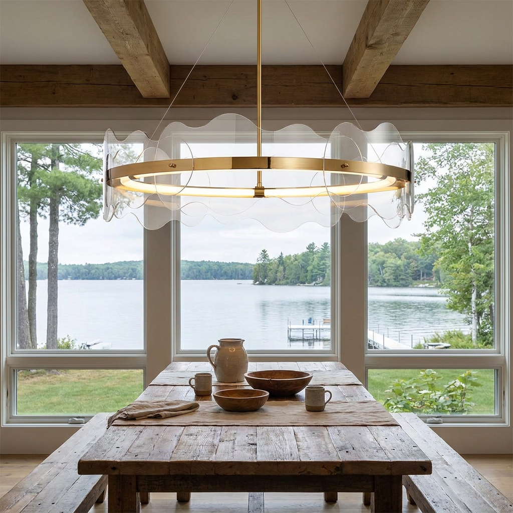 Rivage round LED chandelier over a dining table in a lake house
