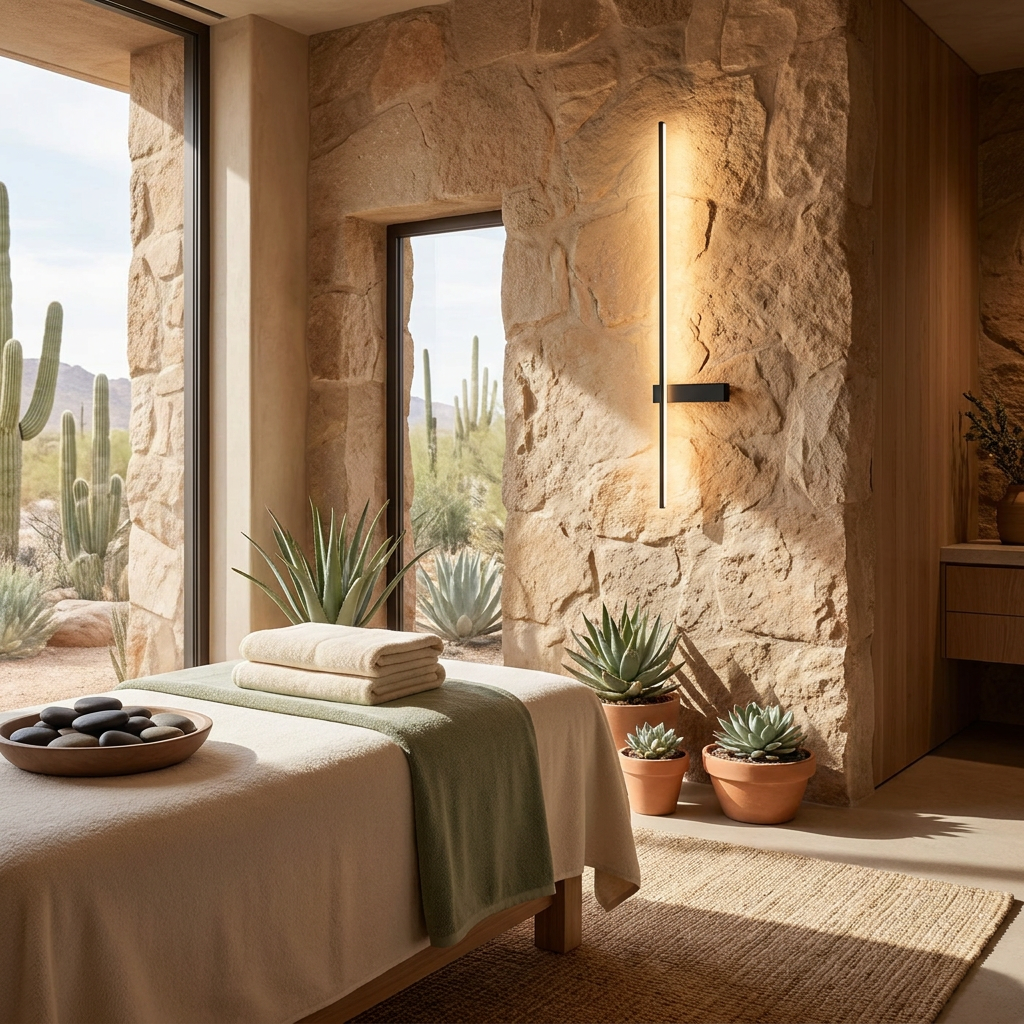 Stelo slim vertical black linear LED wall sconce in a spa treatment room
