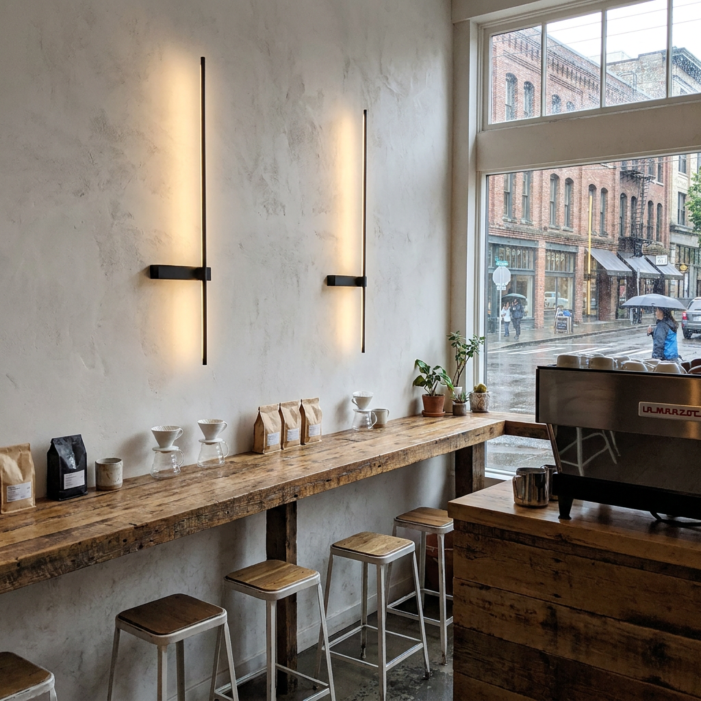Rigo slim vertical black linear LED wall sconce in a cafe