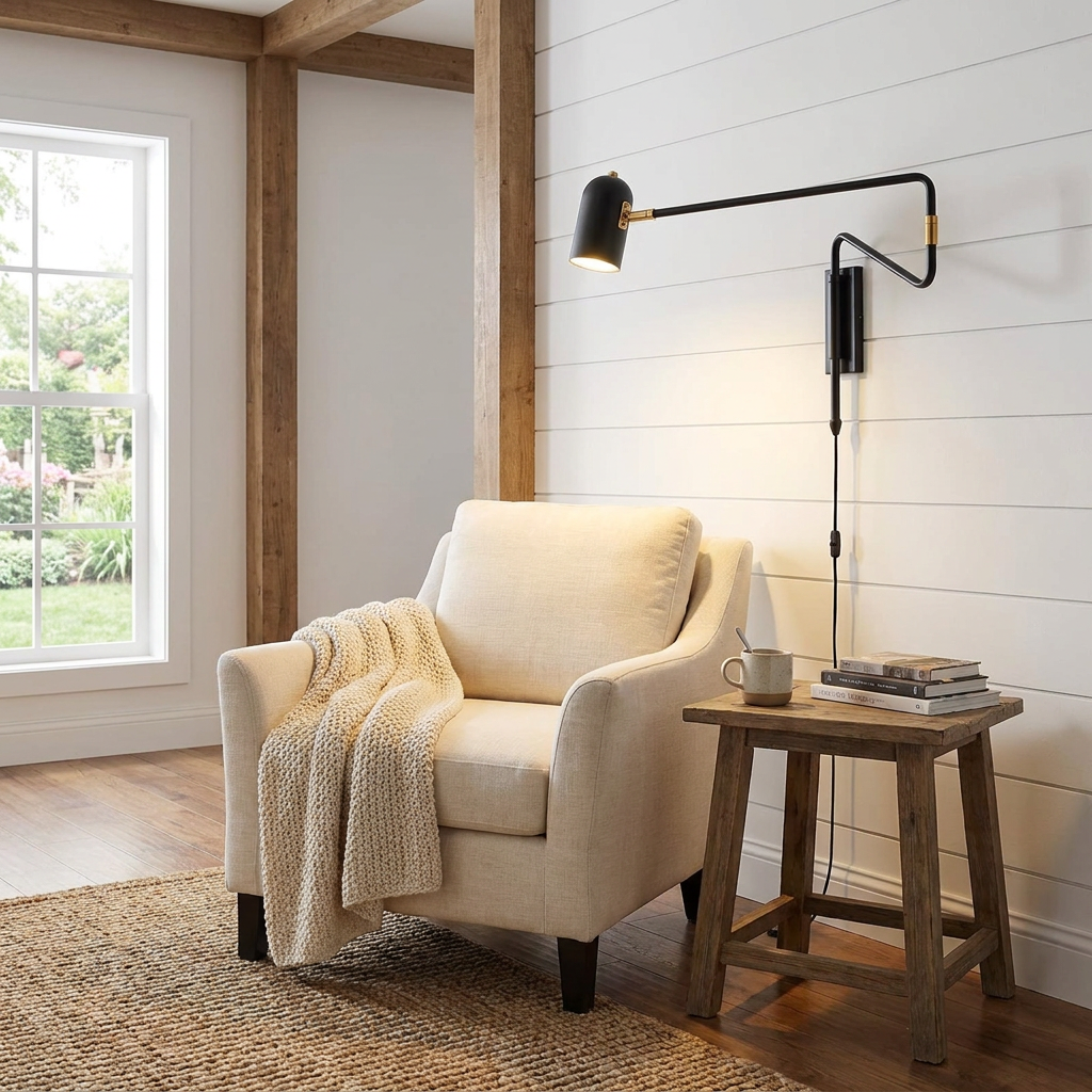 Swivo plug in swing arm wall lamp in black and gold above a reading chair in a farmhouse living room