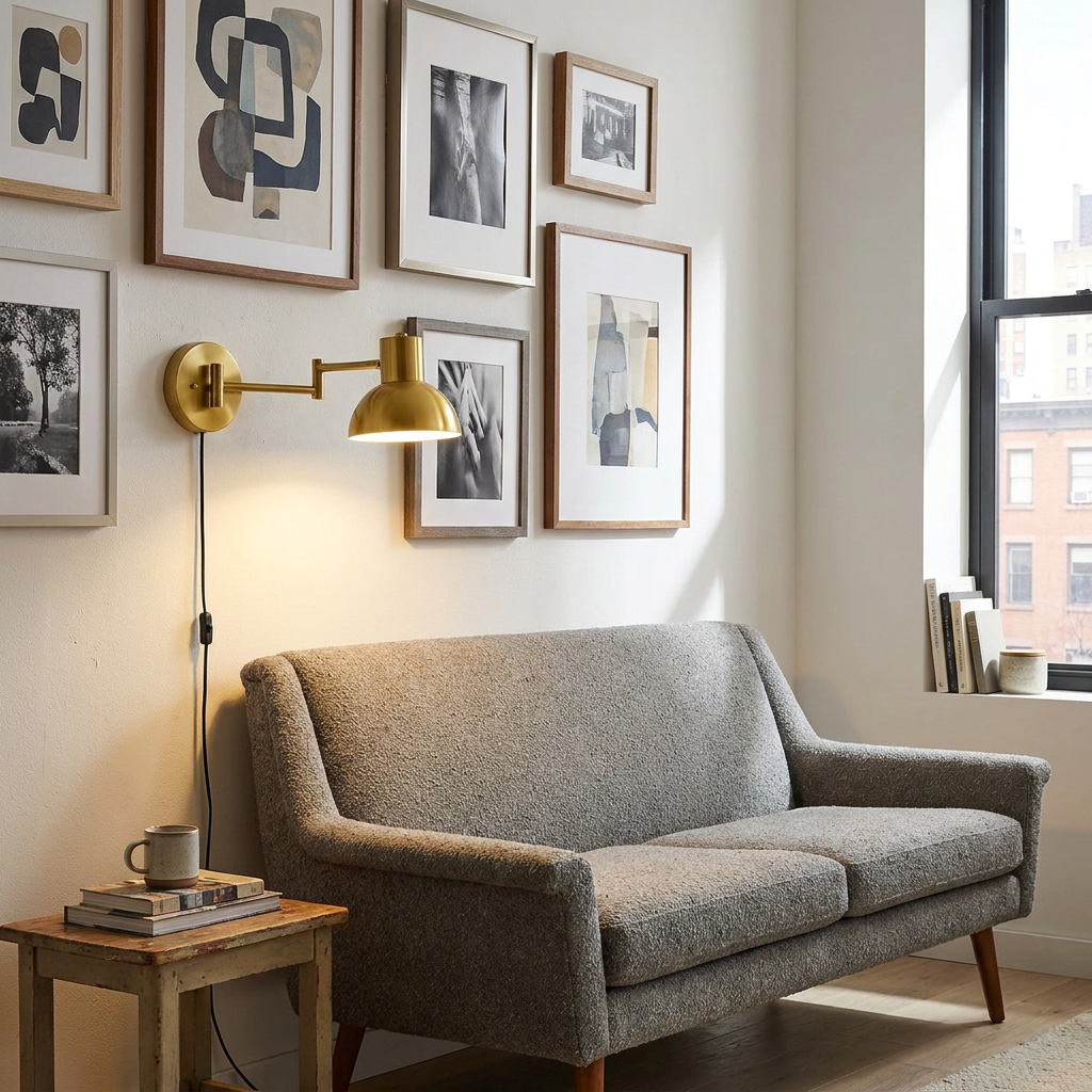 Swivo plug in swing arm wall lamp in brushed gold in a Manhattan apartment living room