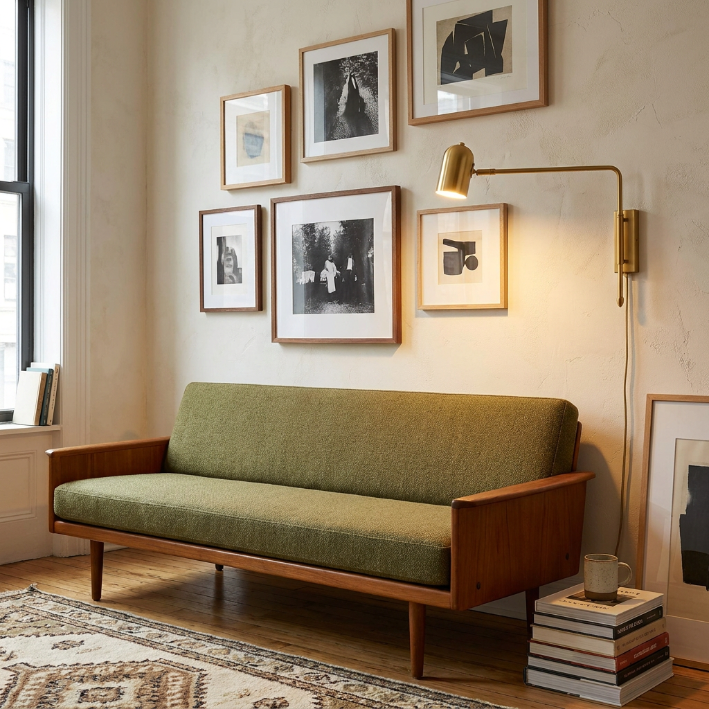 Arley hardwired swing arm reading wall lamp in brushed gold in a Manhattan apartment living room
