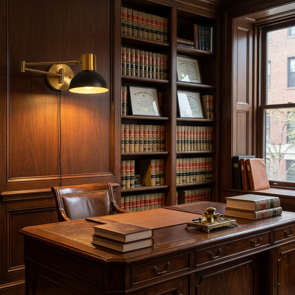 Swivo plug in swing arm wall lamp in a law office